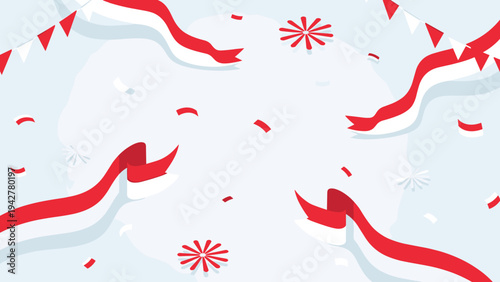 Celebration background with red and white ribbons and confetti