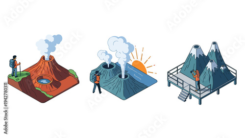 Isometric volcano exploration adventure with hiking enthusiasts and smoky peaks