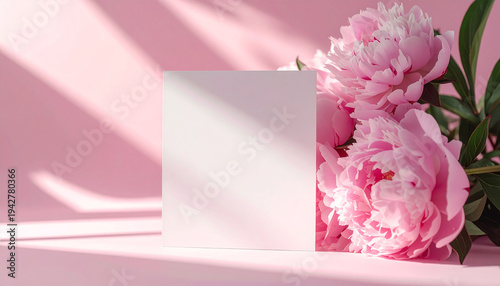 Blank white paper card and lush bouquet of pink peonies, minimal pastel background, elegant composition