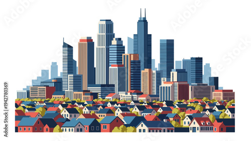 Colorful urban skyline with modern skyscrapers and residential houses