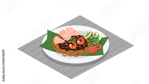 Delicious noodles with prawns and vegetables on banana leaf in an isometric style