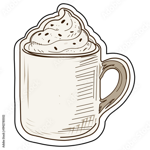 Coffee Mug with Whipped Cream and Sprinkles Line Art Illustration, Hand Drawn Hot Chocolate Sketch, Cafe Beverage Sticker Icon