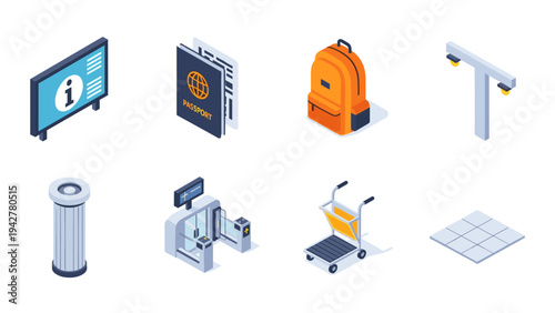 Isometric travel and security icons featuring passport, backpack, and surveillance cameras