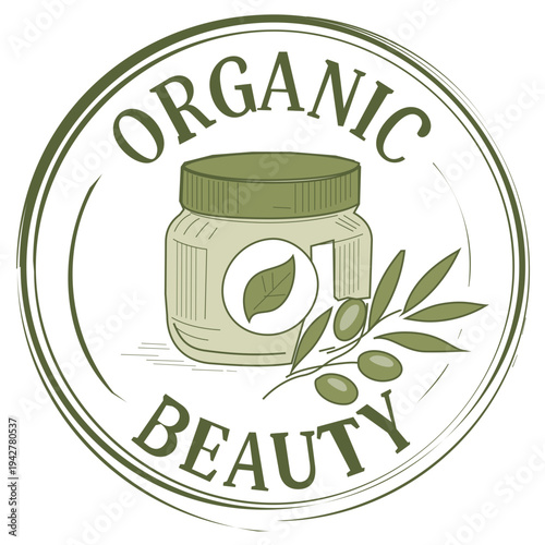 Organic Beauty Emblem with Cosmetic Jar and Olive Branch Illustration, Hand Drawn Sketch for Natural Skincare and Wellness Logo