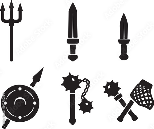 Tribal Weapon Silhouette Collection Trident Dagger Mace Shield Spear Battle Icons Vector