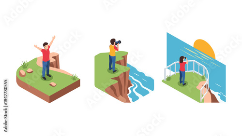 Isometric hiking adventure: exploring scenic cliffs and sunset views