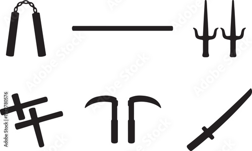 Primitive Tribal Weapon Silhouette Set Nunchaku Sickle Katana Pickaxe Martial Icons Vector