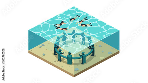 Isometric underwater scene with divers exploring ancient stone circle