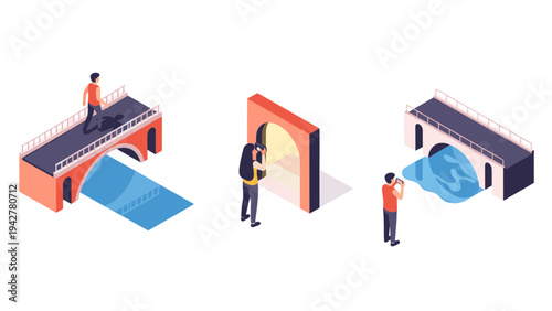 Isometric surreal bridges and portals with people: exploring creativity and imagination