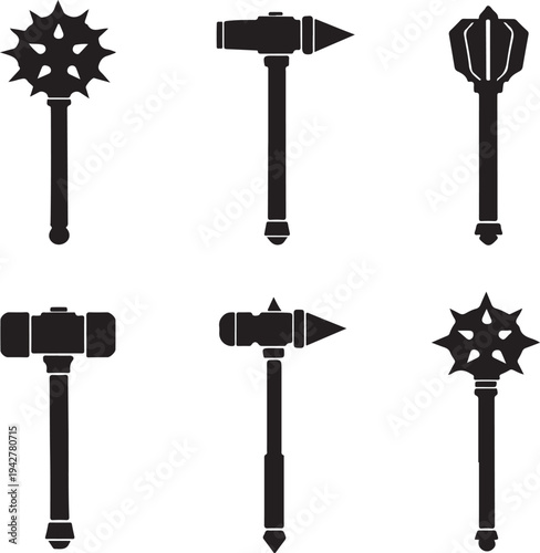 Spiked Mace Hammer Silhouette Collection Medieval War Hammer Morning Star Weapon Icons