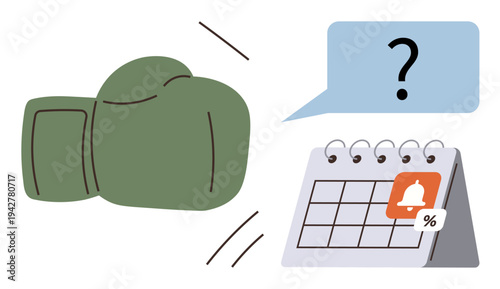 Deadlines, business pressure, time management, planning challenges, reminders, productivity. Boxing glove striking toward a calendar with notifications and a speech bubble. Deadlines and business