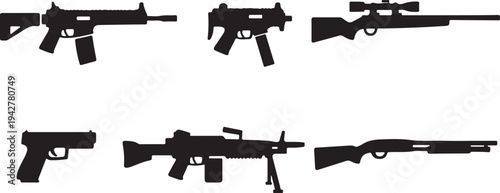 Assault Rifle Sniper Pistol Shotgun Weapon Silhouette Set Modern Firearm Icons Vector