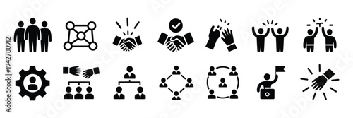 Business teamwork icon vector set, showcasing partnership, collaboration, agreement, teamwork, alliance, co-worker interaction, hierarchy, and cooperation icons for corporate, office, and professional