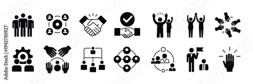 Business teamwork icon vector set, featuring team working together, partnership, work group, agreement, handshake, help, alliance, hierarchy, collaboration, co-worker, and cooperation symbols 