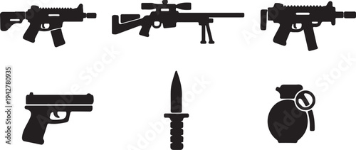 Combat Gun Silhouette Collection SMG Sniper Rifle Pistol Grenade Tactical Weapon Icons