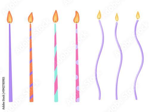 Birthday candles for cake decoration. Simple hand drawn burning striped, spotted candles set on white background. Anniversary celebration party decor vector elements for design, sticker, print, web