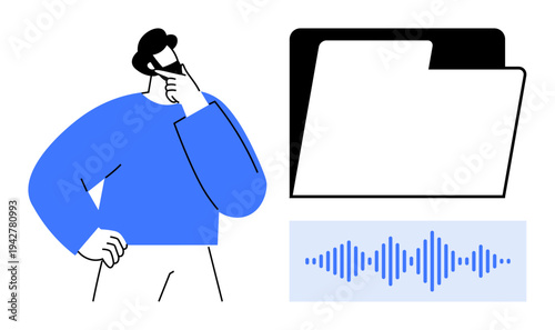 Digital data management. Concept showing digital data with file folder and soundwave icon. Digital data storage, organization, and retrieval. For technology, data analysis, communication, archiving