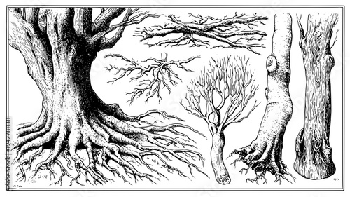 Ancient wood kit including gnarled roots and bark art, illustration collection