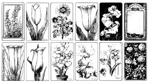 Antique seed packet set with floral art and vintage borders, illustration collection