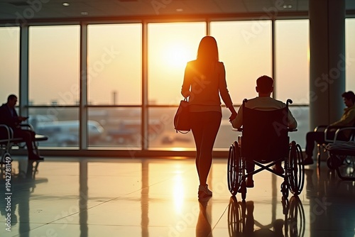 A woman silhouette accompanying a wheelchair user at the airport.