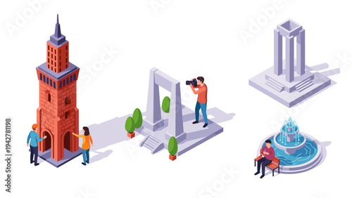 Isometric urban scene with landmark tower, photographer, and fountain