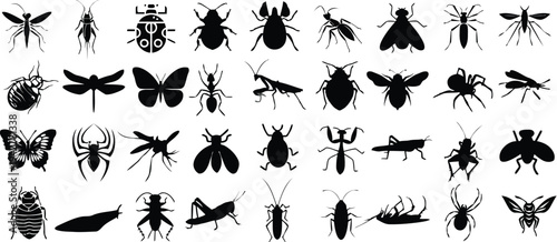 Collection of insect silhouettes: butterflies, spiders, beetles, praying mantis, ants, dragonflies and more