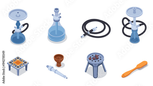 Isometric hookah setup with accessories and components on clean background