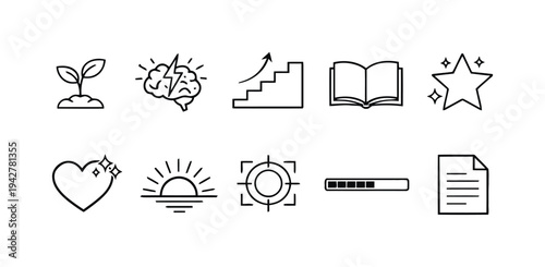 Collection of line art icons representing growth and ideas