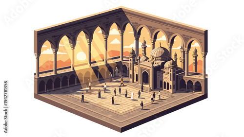 Isometric architecture: majestic mosque at sunset with arched corridors and shadows