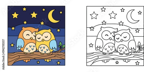 Cute cartoon owls sleeping on a branch at night with stars and moon. Vector illustration with colored example and black and white coloring page for kids.