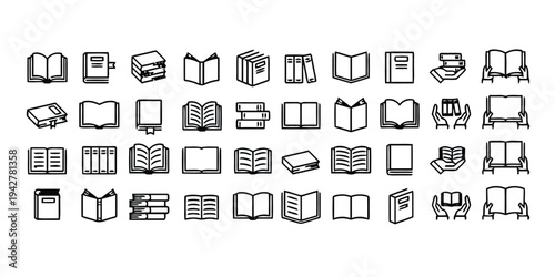 Collection of linear book icons, representing knowledge and learning with different styles