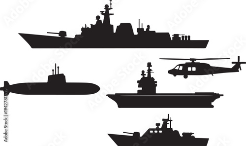 Naval Military Ship Silhouette Set Warship Submarine Aircraft Carrier Helicopter Boat Icons