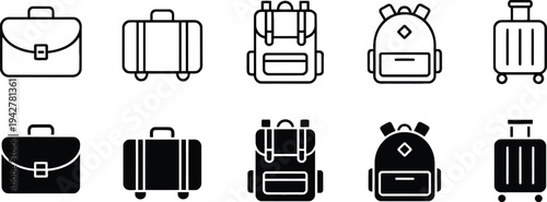 Collection of luggage and travel bags outline and solid icons
