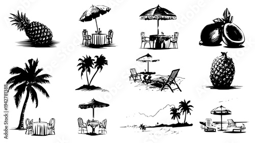 Beach dining bundle showcasing mats and tropical fruit, illustration collection