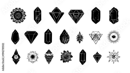 Chakra stone set with alignment patterns and body icons, vectorized collection