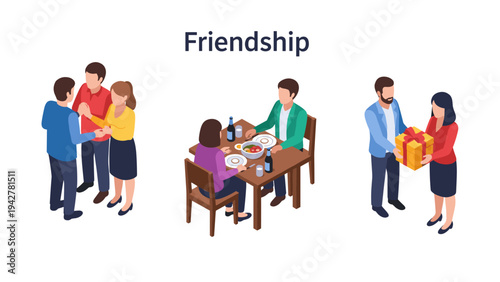 Isometric friendship scenes: people socializing, dining, and exchanging gifts