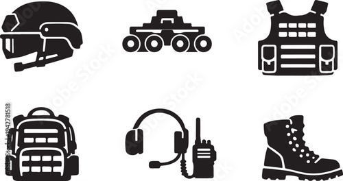 Modern Military Tactical Equipment Silhouette Set Helmet Vehicle Armor Backpack Radio Icons