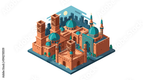 Isometric middle eastern architecture with domes and towers in a night setting