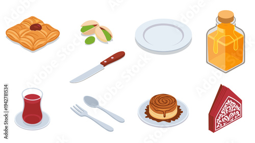 Isometric breakfast set with pastry, drink, and cutlery on white background