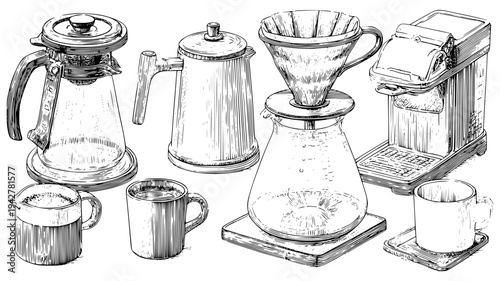 Coffee brewing collection featuring glass carafes and filters, illustration collection