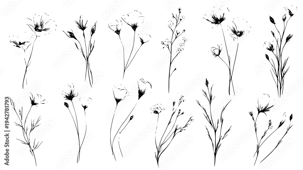Fototapeta premium Delicate wildflower set with slender stems and soft petals, set of vectors