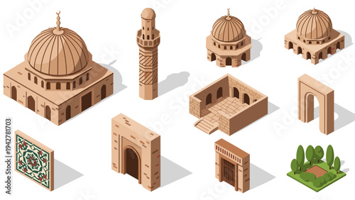 Isometric middle eastern architecture set featuring mosques, arches, and tiles
