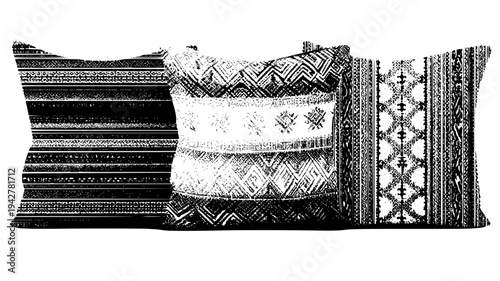 Country ticking pillow family with traditional fabric patterns, illustration collection