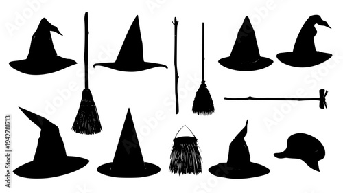 Coven accessory set featuring pointed hats and straw brooms, vectorized collection