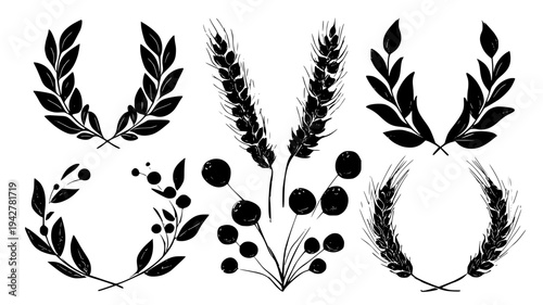 Crisp leaf wreath family with wheat stalks and dried berries, vector art set