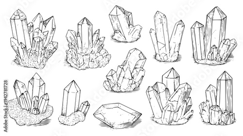 Crystal cluster set with polished spheres and velvet mats, set of vectors