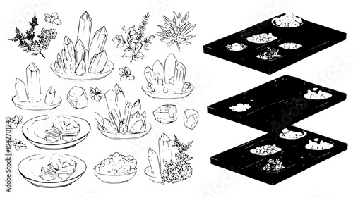 Crystal shrine kit including meditation stones and trays, vector art set