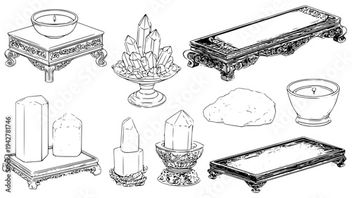 Crystal shrine kit including meditation stones and trays, illustration collection