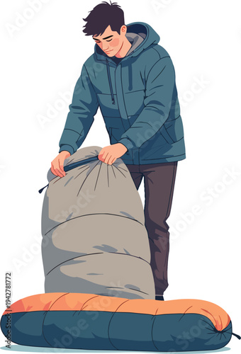 Illustrazione vettoriale di una persona che arrotola o sistema un sacco a pelo imbottito dopo il campeggio. Concetto di outdoor, viaggio, escursionismo, organizzazione dell’attrezzatura e vita nella n