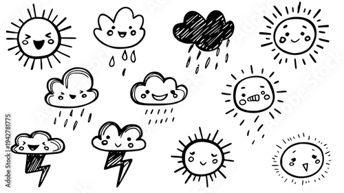 Daily sentiment kit with stormy and sunny weather graphics, vectorized collection